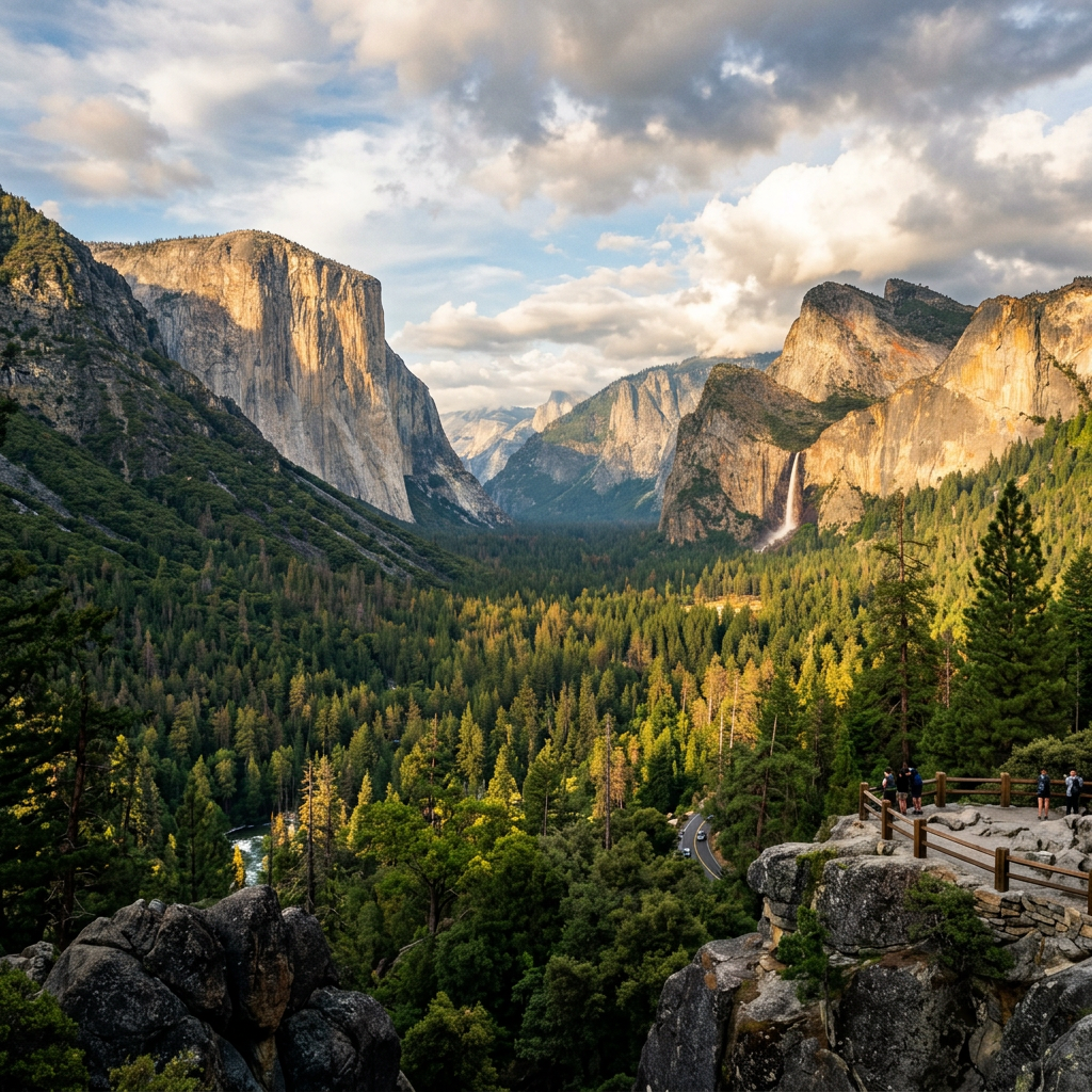 Yosemite Valley with granite cliffs, forest, waterfall, and scenic overlook